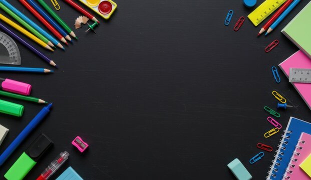 School supplies border a black surface with central copy space,