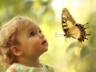 Fototapeta premium Child Gazing at Colorful Butterfly in Natural Setting
