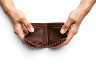 Adult man showing empty brown leather wallet