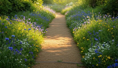 Obraz premium Pathway lined with wildflowers in a lush, sunlit garden,