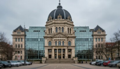 Obraz premium City Hall, Architectural landmark featuring a dome and glass building,
