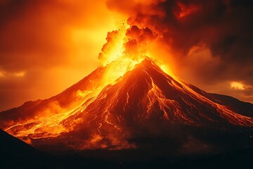 An erupting volcano with fiery lava and dark ominous clouds above it