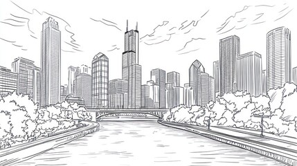 Chicago Skyline Sketch, Riverfront, Cityscape, Artistic View, Background