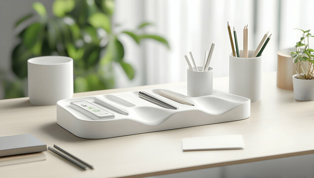 sleek and minimalist desk set with an array of white stationery items