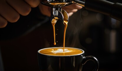 Espresso pouring into a cup with latte art from an espresso machine,