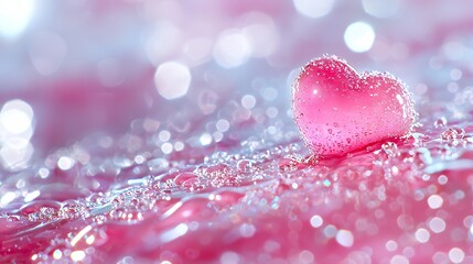 Obraz premium Pink Heart Shape with Water Droplets on Wet Surface Background with Bokeh