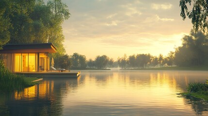 Fototapeta premium Modern house by a serene river glowing warm interior lights reflecting on the water evening sky soft gradients wide-angle 3D rendering 