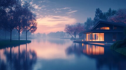Fototapeta premium Modern house by a serene river glowing warm interior lights reflecting on the water evening sky soft gradients wide-angle 3D rendering. 