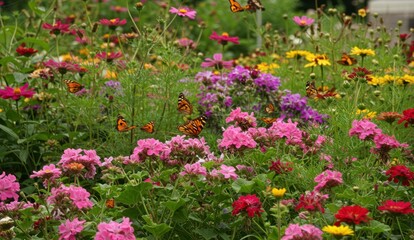 Fototapeta premium A vibrant summer garden with many monarch butterflies and flowers,