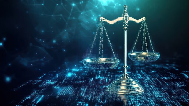 Justice scales in digital network background, concept of legal technology, stock photo
