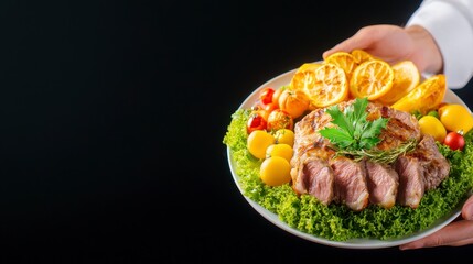 Individual holding a plate of deliciously plated gourmet food in a festive holiday setting with warm atmosphere