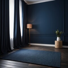 Modern Dark Blue Living Room Interior with Floor Lamp and Rug