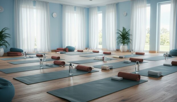 A serene yoga studio with mats, props, and natural light, - Powered by Adobe