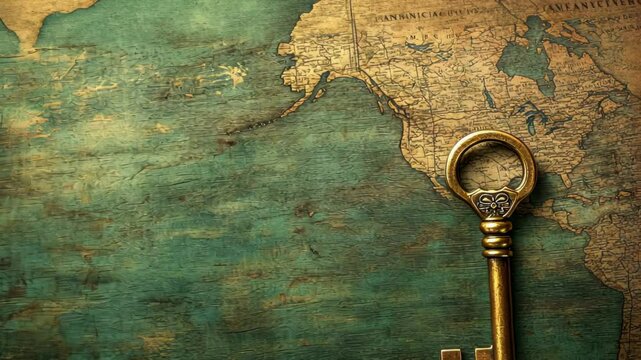 Unlock the World, Vintage Key and Map for Travel, History, and Discovery