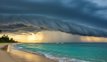 Dramatic storm clouds over turquoise ocean and sandy beach,