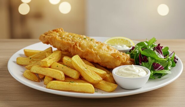 Fish and chips meal with tartar sauce and salad,
