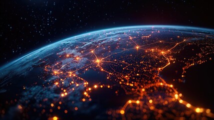 Cargo logistics tracking in world map and business network concept. Dramatic view of Earth illuminated by city lights at night.