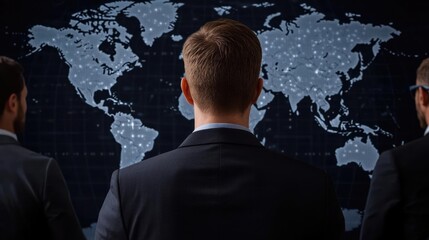 Cargo logistics and world map in transportation network concept. Professionals analyzing global data on a digital world map.