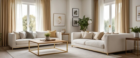 Fototapeta premium Modern Living Room Interior with Beige and Gold Accents