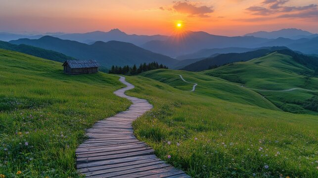 The picturesque view features a winding wooden road guiding towards an aging house, bathed in warm sunset light with hills and mountains framing the serene landscape.