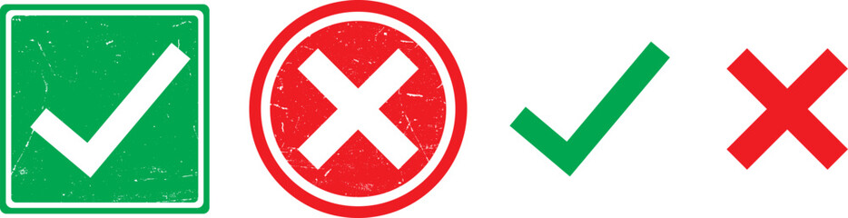 Fototapeta premium Set of Grunge check mark rubber stamp. Grainy, grungy, dusty, rusty, or dirty textured check mark symbol in yes or no check mark icons