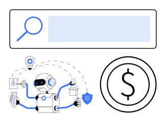 Robot multitasking with tools for idea generation, workflow automation, and financial growth beside a magnifying search bar and dollar symbol. Ideal for technology, AI, automation, finance