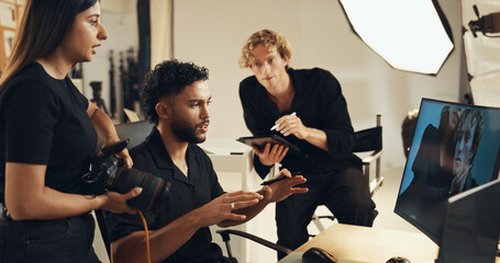 People, backstage or talking for photography or teamwork for production results, planning or...
