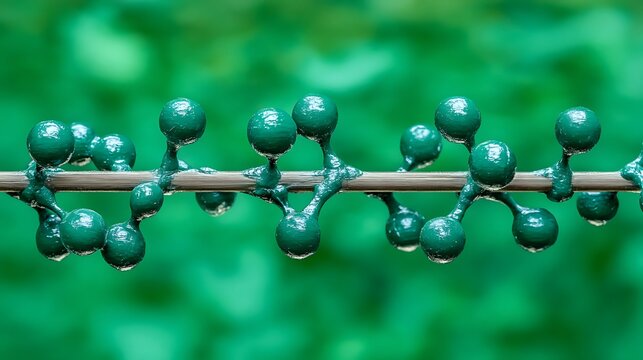 Green spheres connected on a stick against a blurred green background.