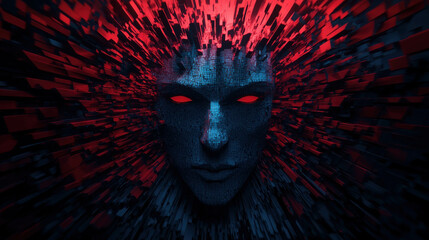 Mysterious Abstract Portrait with Red Accents and Digital Fragmentation Effects