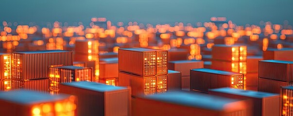 Cargo logistics and global network in freight transportation concept. Futuristic overview of glowing data storage systems and devices.