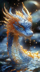Obraz premium Fantasy-style animal, blue mixed with gold in the water, with droplets splashing like small beads. The details of the scales are beautiful