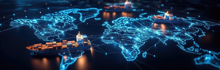 Cargo logistics ship and global freight tracking concept. A digital map showcasing global connectivity and transport systems.