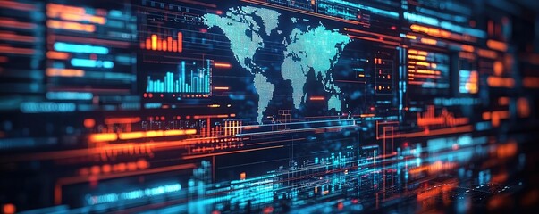 Obraz premium Cargo logistics ship and global freight tracking concept. Digital world map on a blue and orange data background.