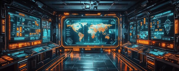 Obraz premium Cargo logistics tracking in world map and business network concept. Futuristic control room with monitors displaying world data.