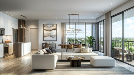 Fototapeta premium Open-plan modern interior blending living and dining spaces clean white walls wood accents and floor-to-ceiling glass doors bright and vibrant. 