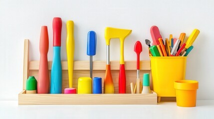 Fototapeta premium Colorful Wooden Workbench with Assorted Tools