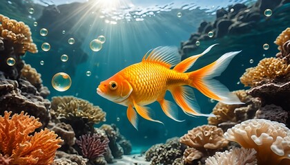 Fototapeta premium Golden Fish Swimming in Vibrant Coral Reef