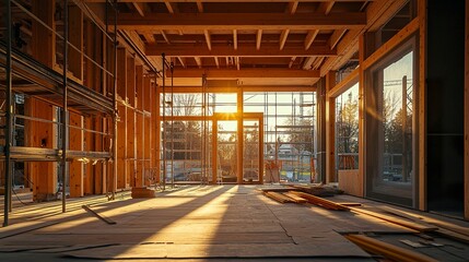 Fototapeta premium Partially built architect's house, sharp angular designs visible amidst scaffolding,g bright afternoon sunlight and earthy tones. 