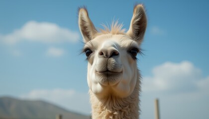 Obraz premium Llama smiling under a blue sky in a natural environment 