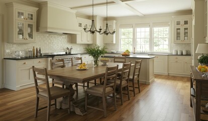 Fototapeta premium Bright, spacious kitchen with a wooden dining table and fruit,