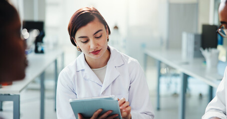 Team, scientist and woman with tablet for medical research, healthcare innovation and chemistry....