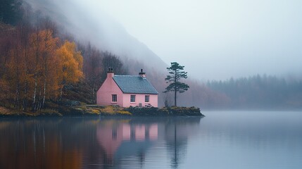 Fototapeta premium Pink cottage nestled by Loch Glass soft ripples in the water misty atmospheric highlands behind subtle 35mm film house