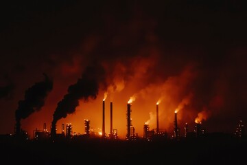Factory smokestacks with fire illuminate the night sky, illustrating pollution