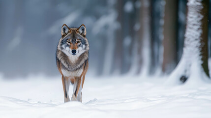 Majestic wolf walking gracefully through snow-covered forest in serene winter landscape