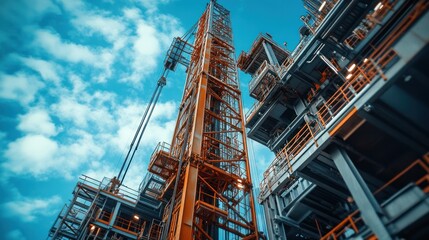 Industrial drilling rig against a bright blue sky