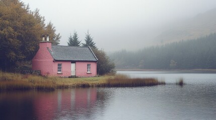 Fototapeta premium Quaint pink cottage nestled on the shores of Loch Glass soft reflections on the water misty Scottish hills in the background 35mm film grain. 