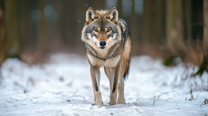Majestic Wolf Walking Through Snowy Forest Underneath Tall Trees in Winter Landscape