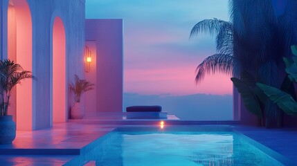 Quiet minimalist villa in a serene setting glowing warmly from within soft blue and pink hues of dusk framing the tranquil scene.  