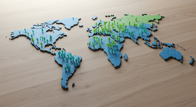Global Population Distribution Map: A 3D Model Illustrating Worldwide Population Density and Geographic Spread