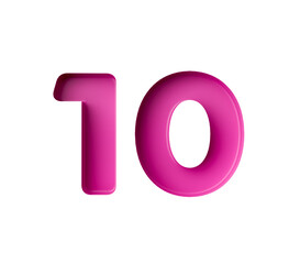 Vibrant pink number 10 Ten in bold gradient font with a slight shadow effect, 3d illustration